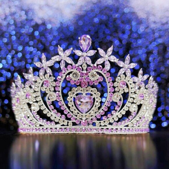 Crystal heart tiara, silver crystal tiara, purple stone tiara, Bridal headpiece main image 5